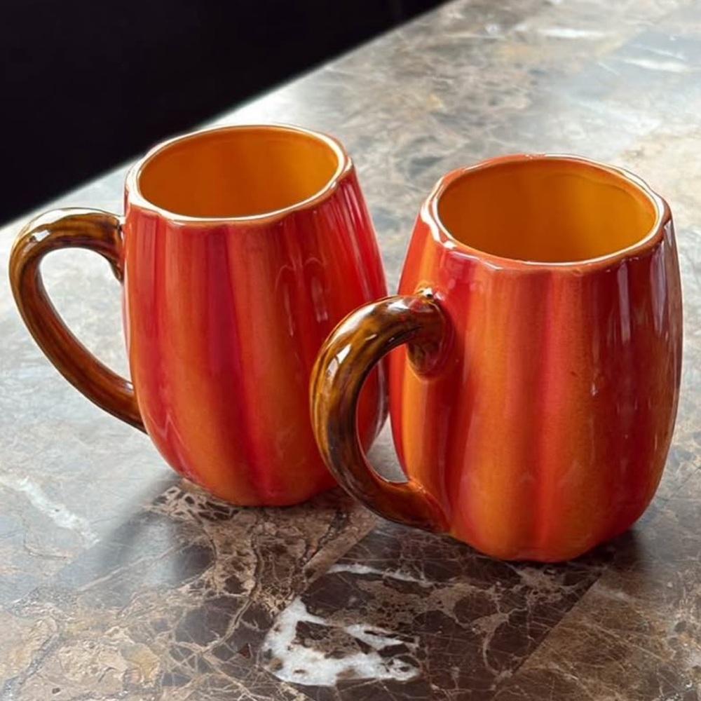 Ceramic Orange Pumpkin-Style Mug with Brown Handle - Set of 2